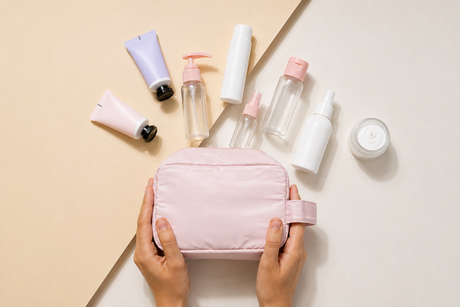 A light pink nylon cosmetic pouch held by two hands, surrounded by various skincare bottles and tubes on a beige and cream background.